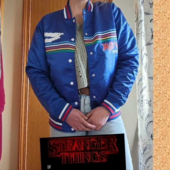 Netflix Official Stranger Things Blue The Squawk Radio Varisty Bomber Jacket - Picture 3 of 10